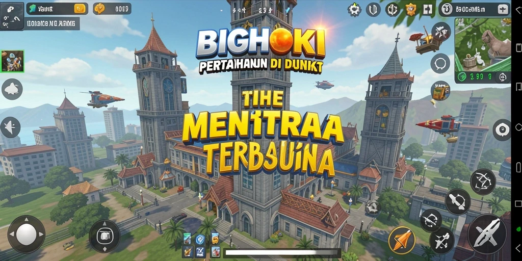 Tangkapan layar BIGHOKI menampilkan aksi menara pertahanan yang epik dan strategis.