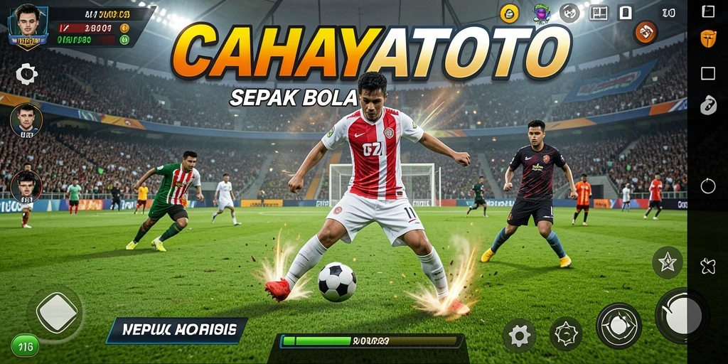 Screenshot utama CAHAYATOTO menampilkan aksi pertandingan sepak bola yang seru.