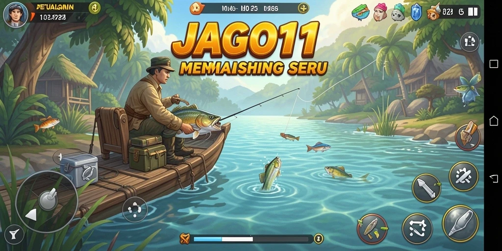 Tampilan gameplay JAGO11 dengan aksi memancing yang seru dan grafis memukau.