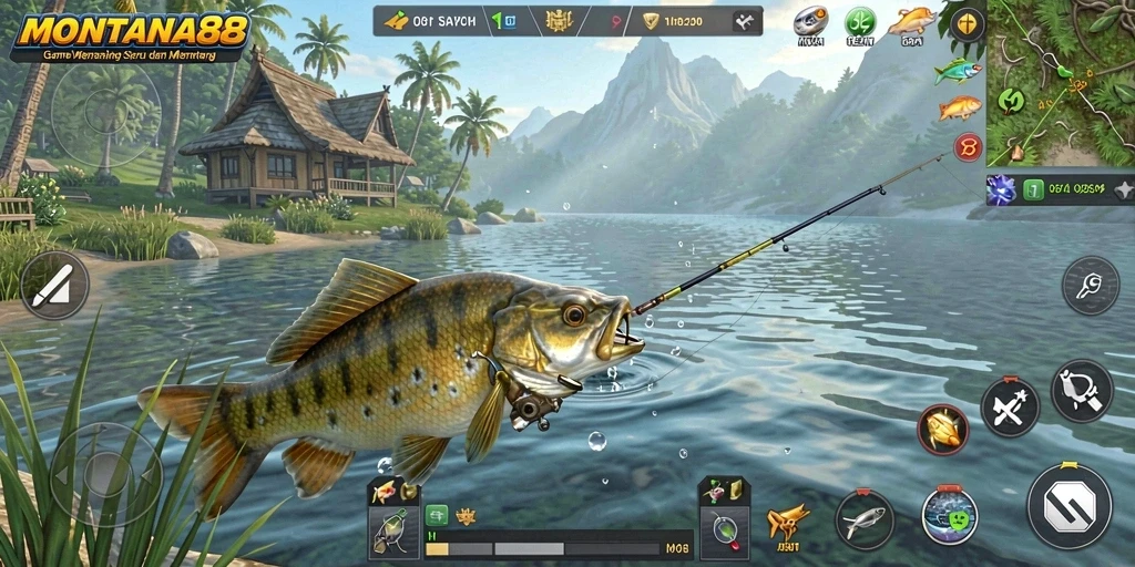 Screenshot gameplay <strong>MONTANA88</strong> menunjukkan aksi memancing yang seru.