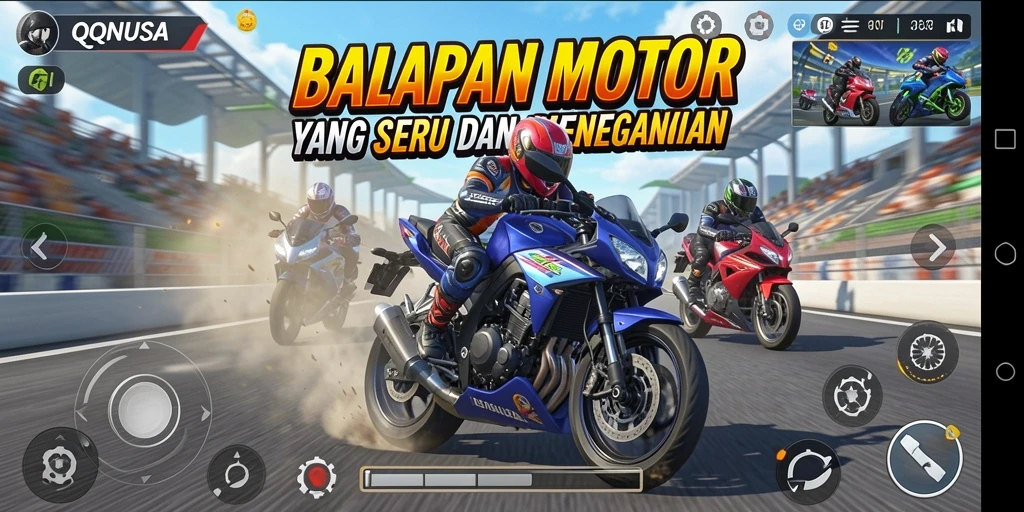 Screenshot gameplay QQNUSA menampilkan aksi balapan motor yang mendebarkan.