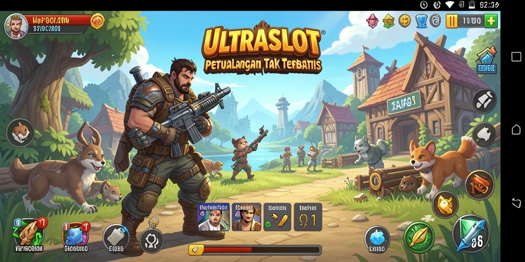 Screenshot utama ULTRASLOT menampilkan pemain menjelajahi dunia terbuka dengan latar belakang yang indah.